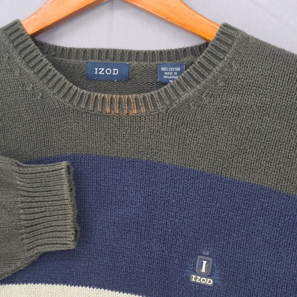 IZOD Mens Cotton Striped Crewneck Sweater Green Blue Cream Size M